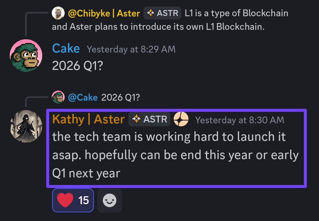 Shilllin's tweet image. Aster layer one is expected to launch end of year or Q1 2026