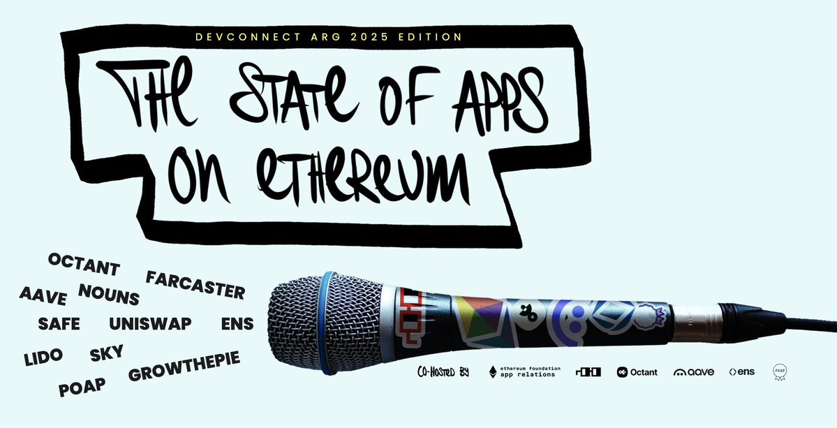 EFDevcon's tweet image. Head to the App Town Hall, for a group forum discussion with builders across the App Layer. 

Hear from builders @growthepie @ENS @Farcaster_xyz @Aave @LidoFinance @Uniswap @OctantApp &amp;amp; more. 

Hosted by @EthereumFndn &amp;amp; @nounsdao. 

10-6pm Ampitheatre at La Rural.