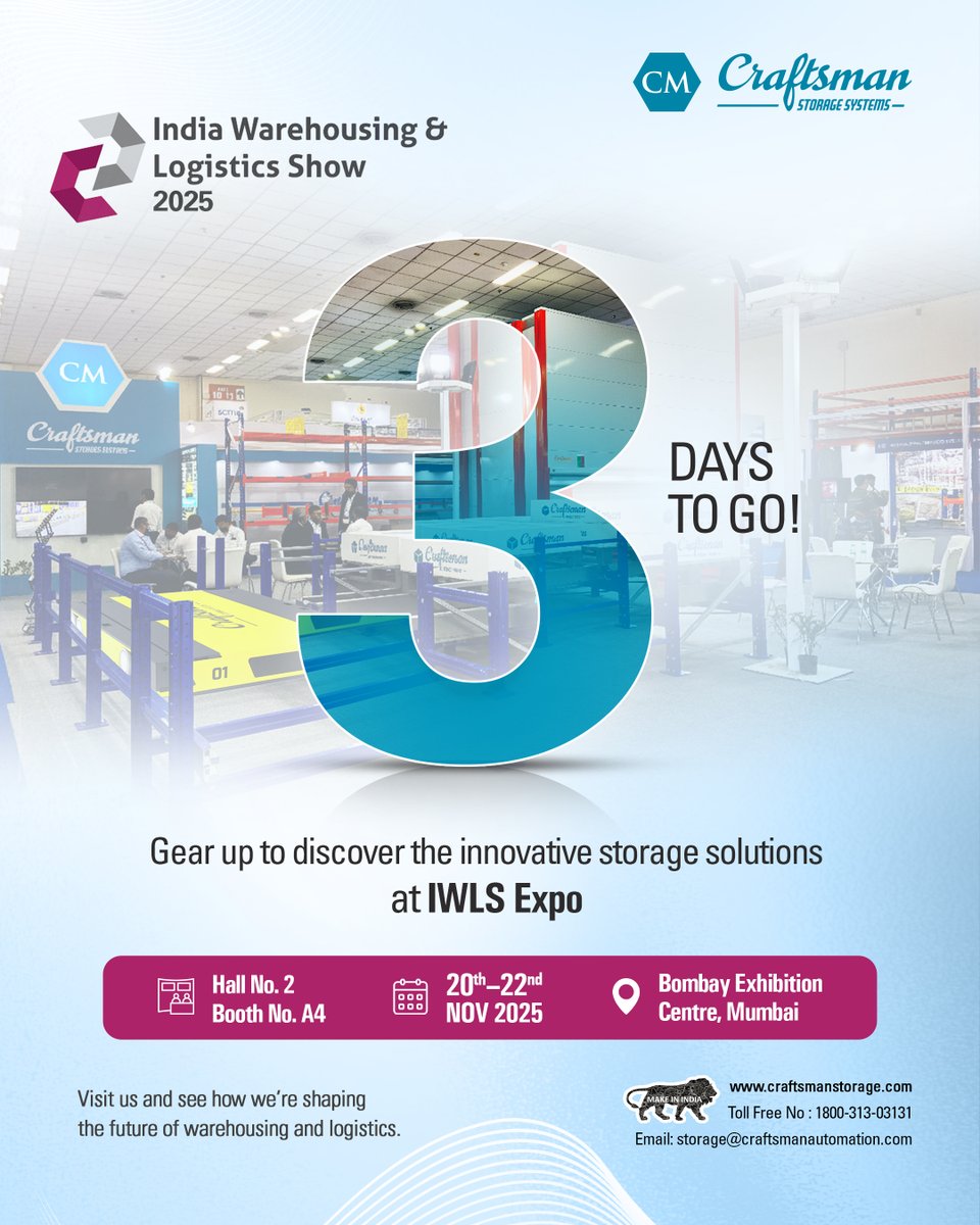 Craftsmanindia1's tweet photo. Ready to rethink your warehouse? Get ready to explore the future of storage at ๐๐๐๐ ๐๐๐๐. Visit us at Hall 2, Booth A4!
#IWLS #IWLS2025 #3daystogo #IndiaWareHouseLogisticsShow #Warehouse #Warehouseautomation #Vstore #ASRS #CraftsmanStorageSystems https://t.co/J7ElgOwm7g