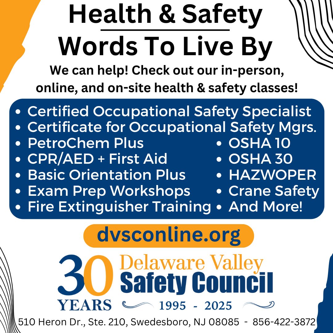 DvscAdmn's tweet image. Health &amp;amp; Safety
Words To Live By

We can help! Check out our in-person, online, and on-site health and safety classes:
dvsconline.org

#COSS #COSM
#CPR #BOP
#HAZWOPER
#OSHA10 #OSHA30
#PetroChemPlus
#FireExtinguisherTraining
#ExamPrepWorkshops