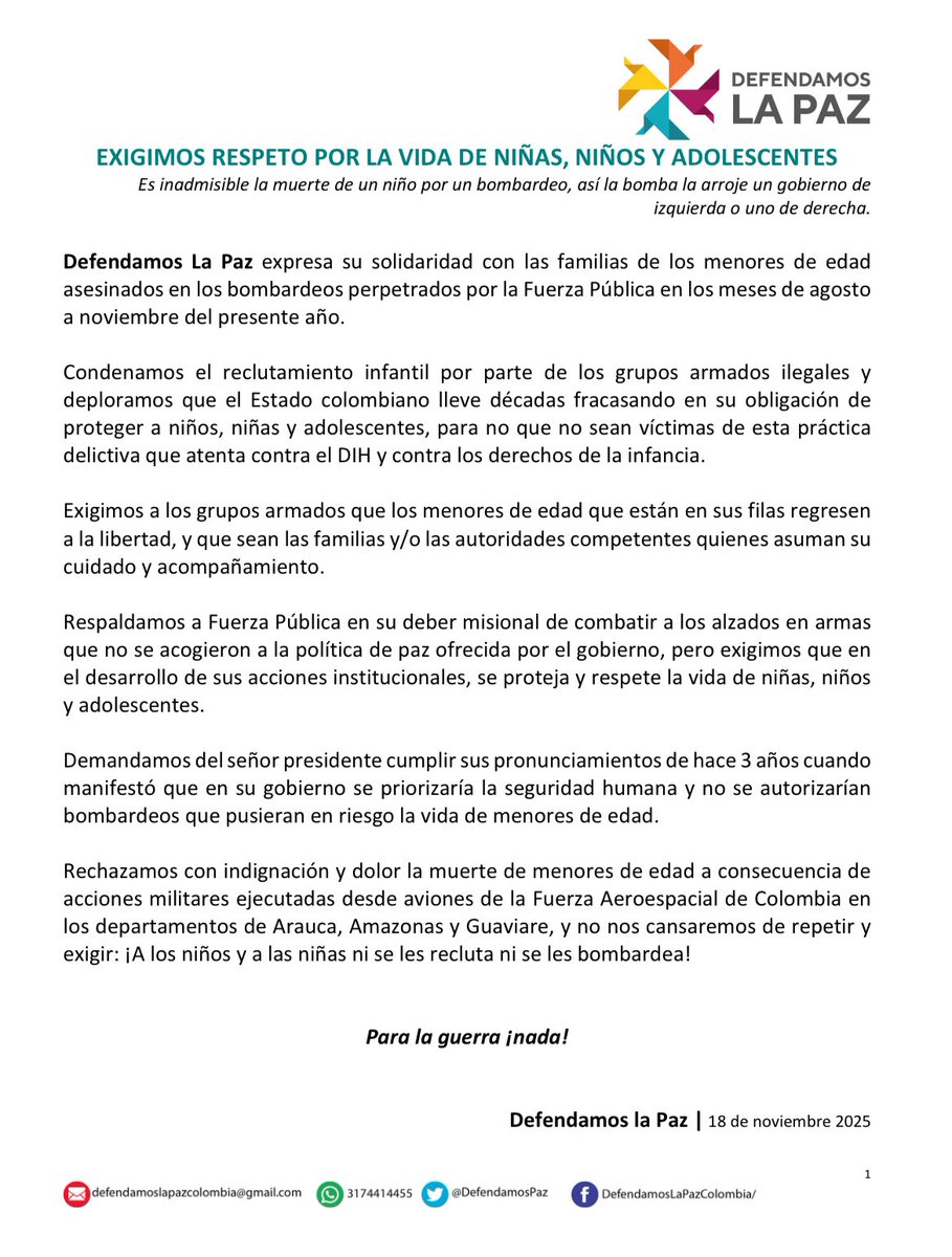 gloriariasnieto's tweet image. Comunicado de @DefendamosPaz 
¡A las niñas y a los niños ni se les recluta ni se les bombardea!