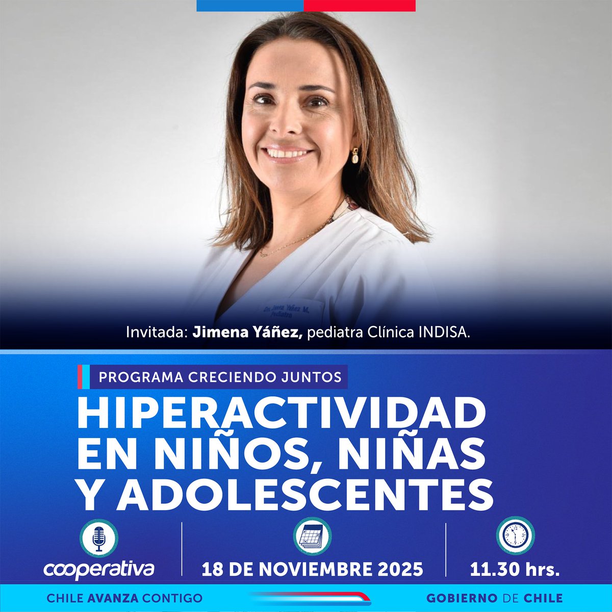 MARTES 18 a las 11:30 am por radio <a href="/Cooperativa/">Cooperativa</a> y RRSS @ChileCreceMás, un nuevo programa de 𝗖𝗥𝗘𝗖𝗜𝗘𝗡𝗗𝗢 𝗝𝗨𝗡𝗧𝗢𝗦 📍HIPERACTIVIDAD EN NIÑOS, NIÑAS Y ADOLESCENTES📍Para tus preguntas escríbenos al WhatsApp +569 7888 0770, comenta en la transmisión por FB Live, YT e IG.
