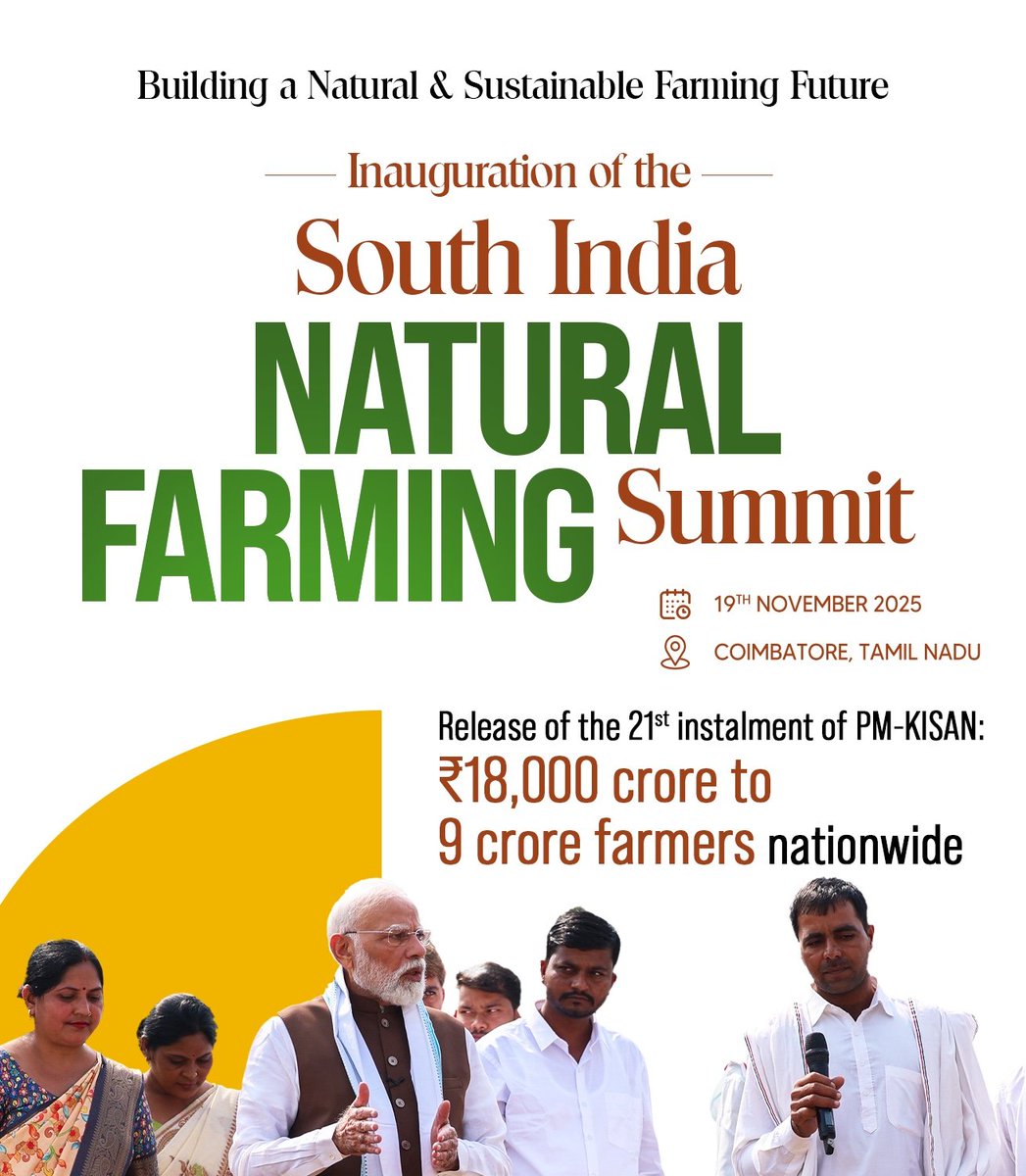 narendramodi's tweet image. In the afternoon tomorrow, 19th November, I will be in Coimbatore, Tamil Nadu to take part in the South India Natural Farming Summit. The Summit brings together many farmers, researchers and innovators working in this field. The emphasis on sustainable, eco-friendly and…