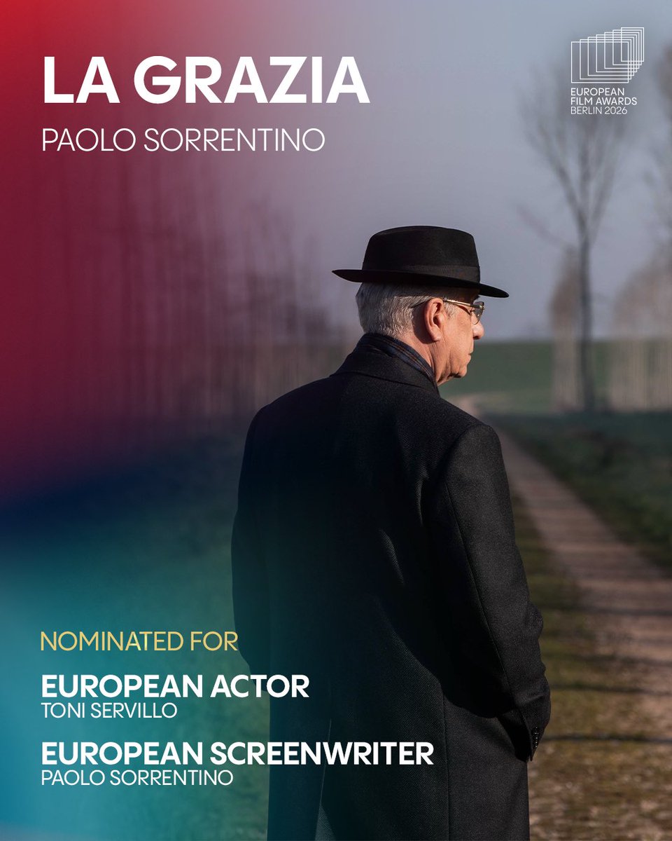 LA GRAZIA earns two nominations at the 38th European Film Awards! ✨
 
🎞️ European Actor | Toni Servillo
🎞️ European Screenwriter | Paolo Sorrentino
 
Run by the European Film Academy, the awards honour the greatest achievements in European cinema.
 
LA GRAZIA is a film by Paolo