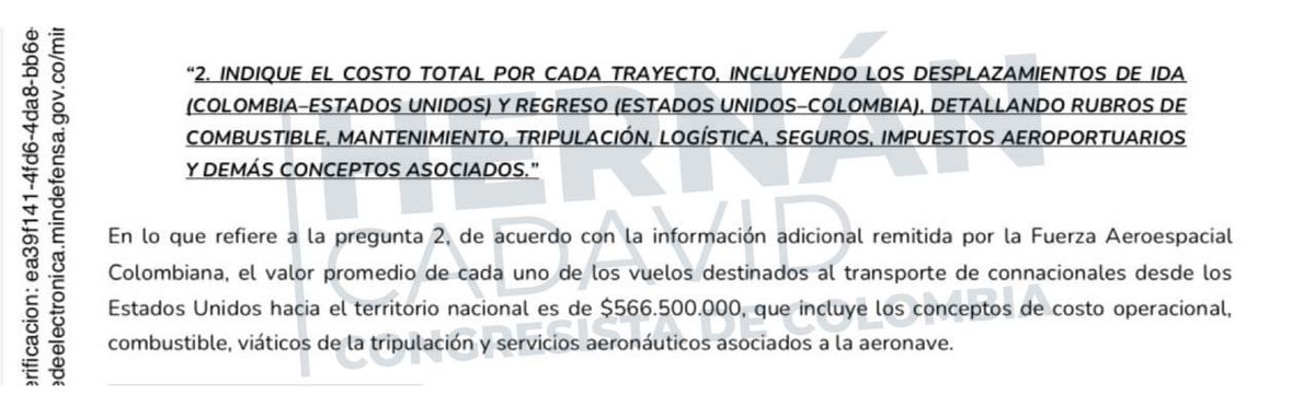 hernancadavidma's tweet image. 2. Cada vuelo, operado en un Boeing 737-700, cuesta $566.500.000

Se está usando capacidad operativa, logística y humana de la Fuerza Pública para cumplir un capricho presidencial, no una necesidad de defensa en un contexto de violencia como el actual