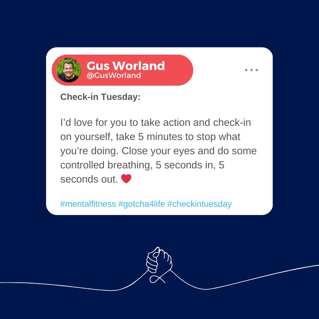 GusWorland's tweet photo. Give this ago, and focus on relaxing more with each exhale ❤️
@Gotcha_4_Life
#mentalfitness #checkintuesday #gotcha4life https://t.co/RR4kZj8qwR