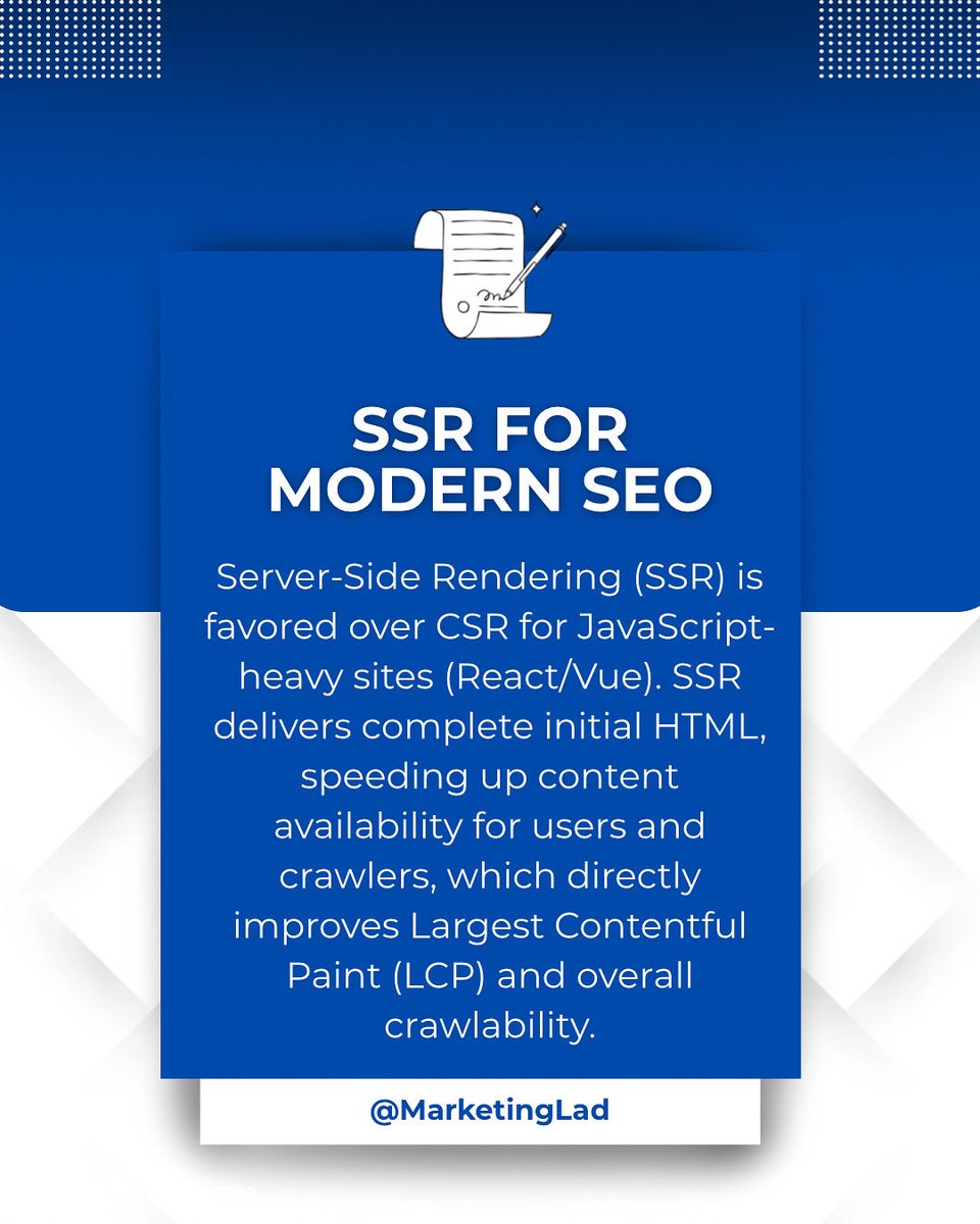 marketing_lad's tweet image. Unlock peak SEO performance with Server-Side Rendering. Complete HTML delivered instantly for top LCP scores and seamless crawling! 🔑
.
.
.
.
.
#SEOHacks #SSRForModernWeb