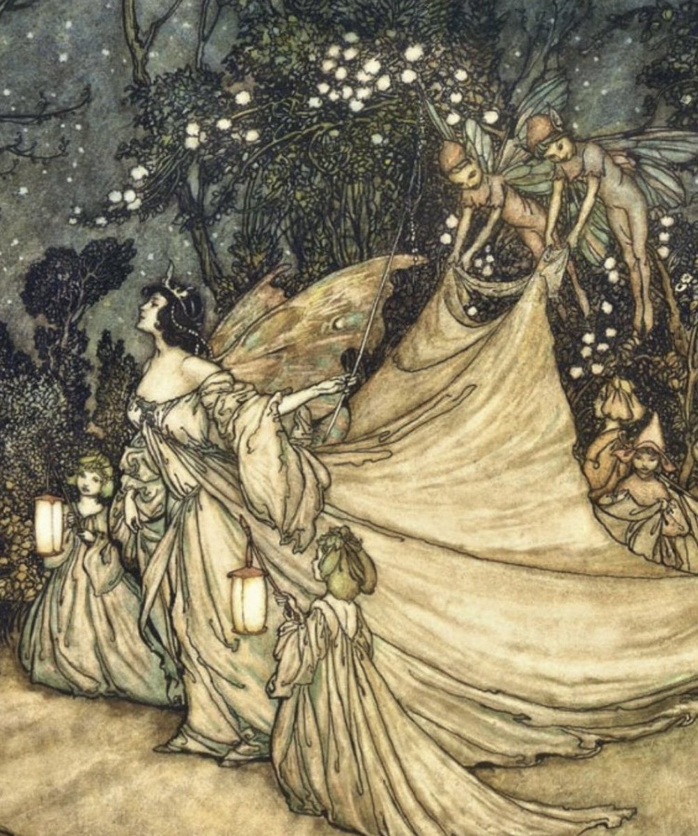 Queen of Fairies from A Midsummer Night's Dream (1595-1596) is a character lifted from traditional folklore. William Shakespeare borrowed the name 'Titania' from the mythological daughters of Titans in Ovid's Metamorphoses.

art by Arthur Rackham (1908)
#FairyTaleTuesday