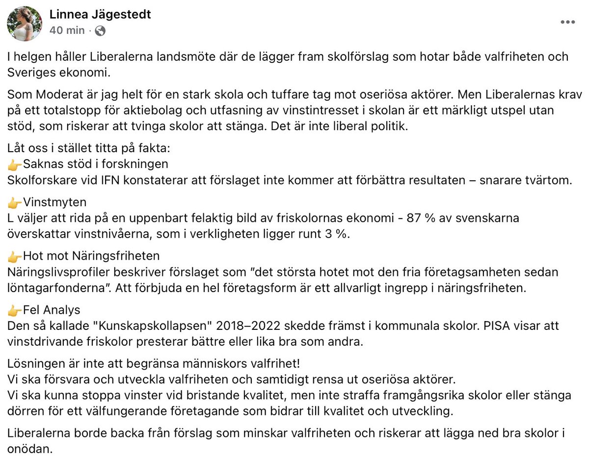 Skolnämndsordförande (M) i Linköping sprider lobbyns bluff om 3 % vinst i snitt och uppmanar Liberalernas landsmöte att rösta ner förslaget om att fasa ut aktiebolag från skolan. Lustigt sammanträffande: tidigare moderat skolnämndsordförande i Linköping sitter i IES styrelse.