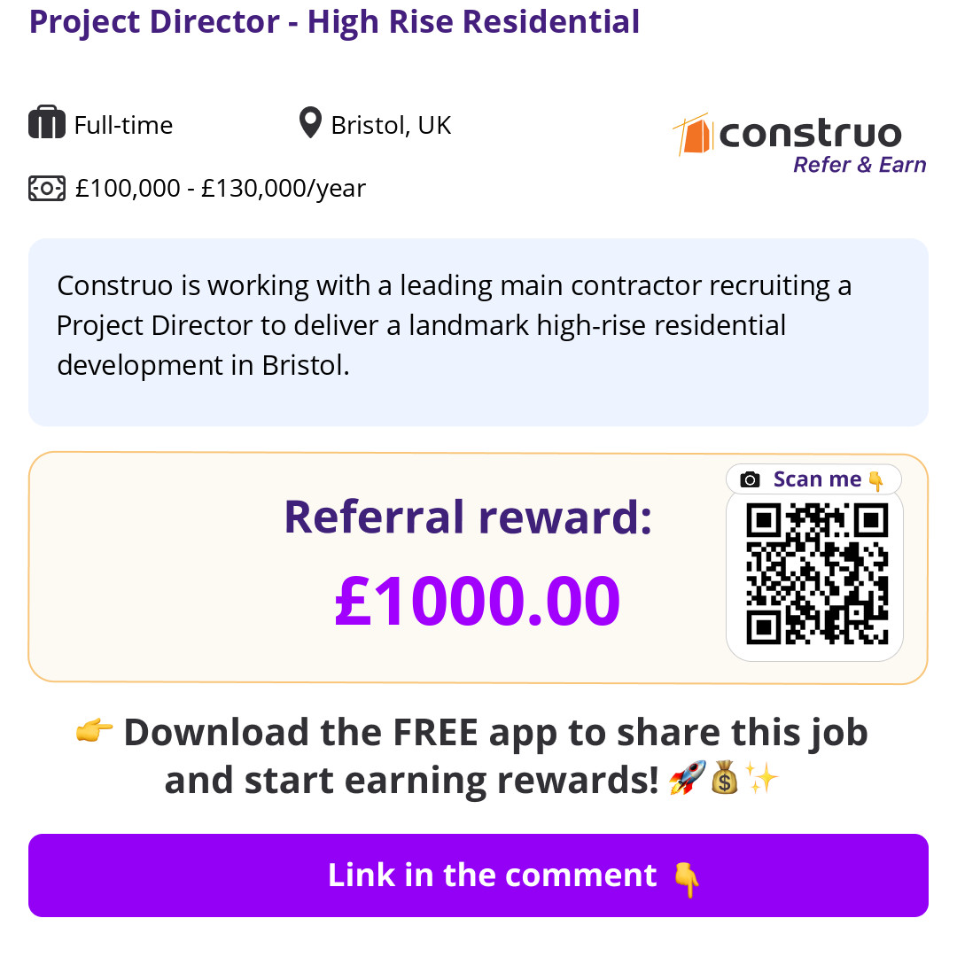 Construonetwork's tweet photo. Share this opportunity in Bristol and earn money!
Get rewarded when your referral gets hired 👏 💸
Link in the comments...
#bristol #jobs #construction #construo #hustle #secondaryincome #money #projectdirector https://t.co/k5FAXFA8rI