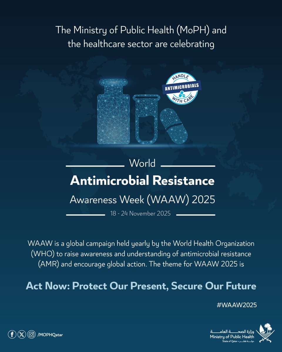 MOPHQatar's tweet photo. From 18 to 24 November, the Ministry of Public Health joins the global effort to highlight the challenge of antimicrobial resistance. This week emphasises the importance of responsible antimicrobial use and the shared responsibility to protect these essential medicines for the future.

#WAAW2025