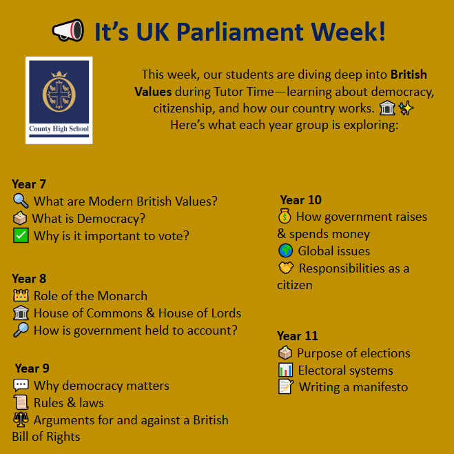 's tweet image. It’s UK Parliament Week!
Students at County High are exploring British Values in Tutor Time—learning about democracy, voting, and citizenship. 🏛️
Shaping informed citizens of tomorrow! 🌟
#UKParliamentWeek