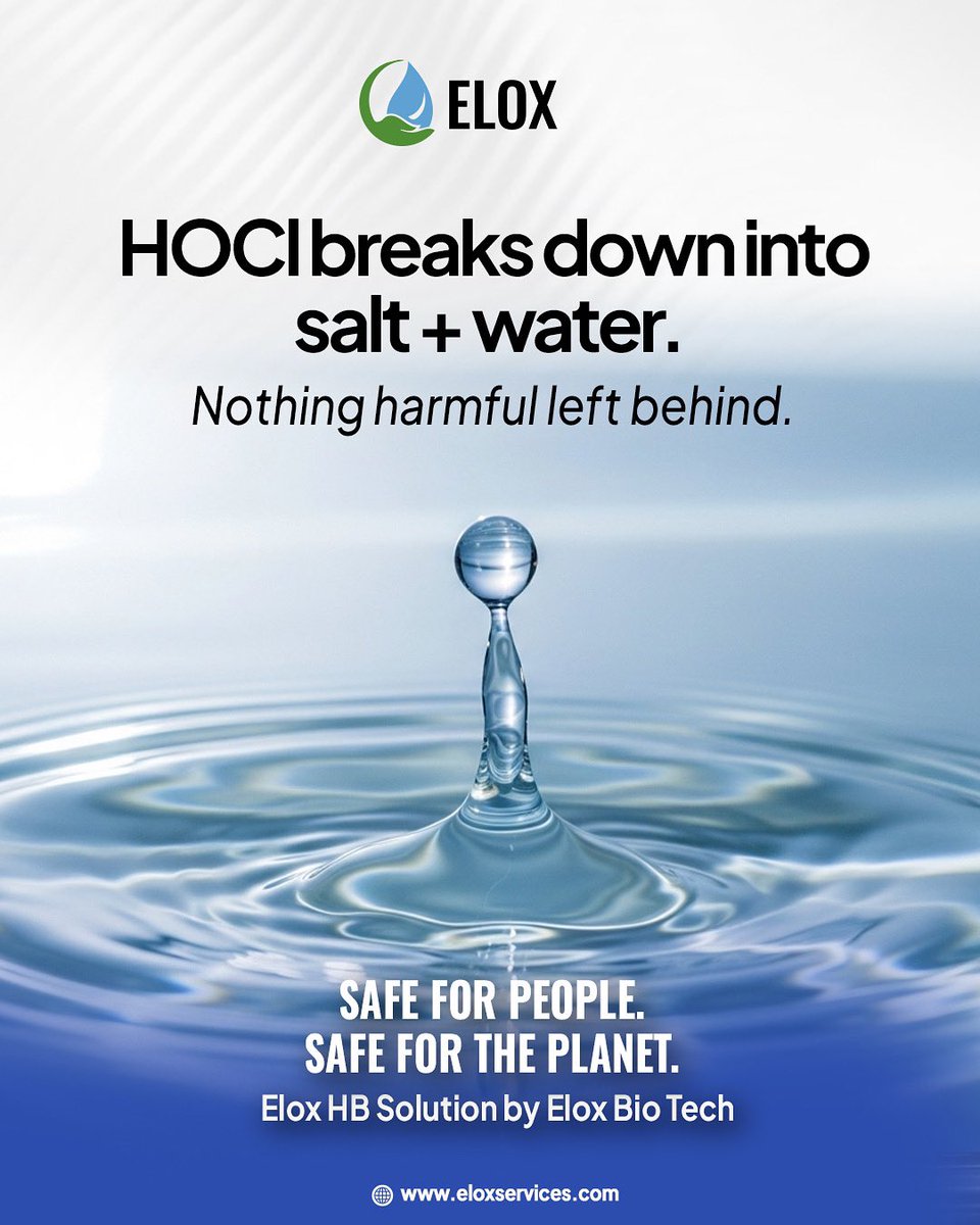 Official_Elox's tweet photo. HOCI breaks down into salt + water.
No toxins. Nothing harmful.
Just clean, safe, planet-friendly disinfection. 🌍💧

Elox HB Solution by Elox Bio Tech.
#EloxHB #EcoSafe #HOCI #CleanWater https://t.co/obp5Udl9f4