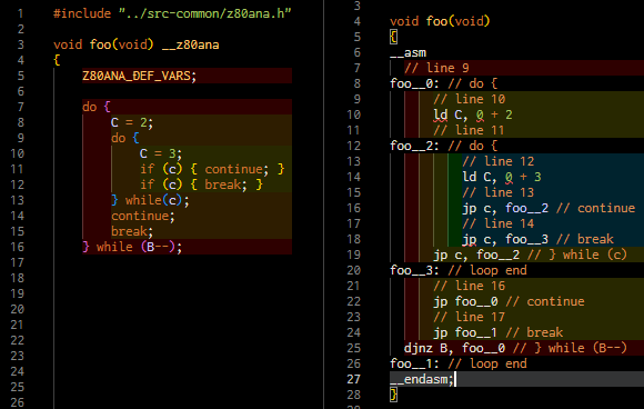 代数アセンブラ フィルタ, do-while を実装中 
while (B--) と書くと djnz にする小細工付き. `
字下げが不完全だし, 行番号が合ってないですけど...(汗