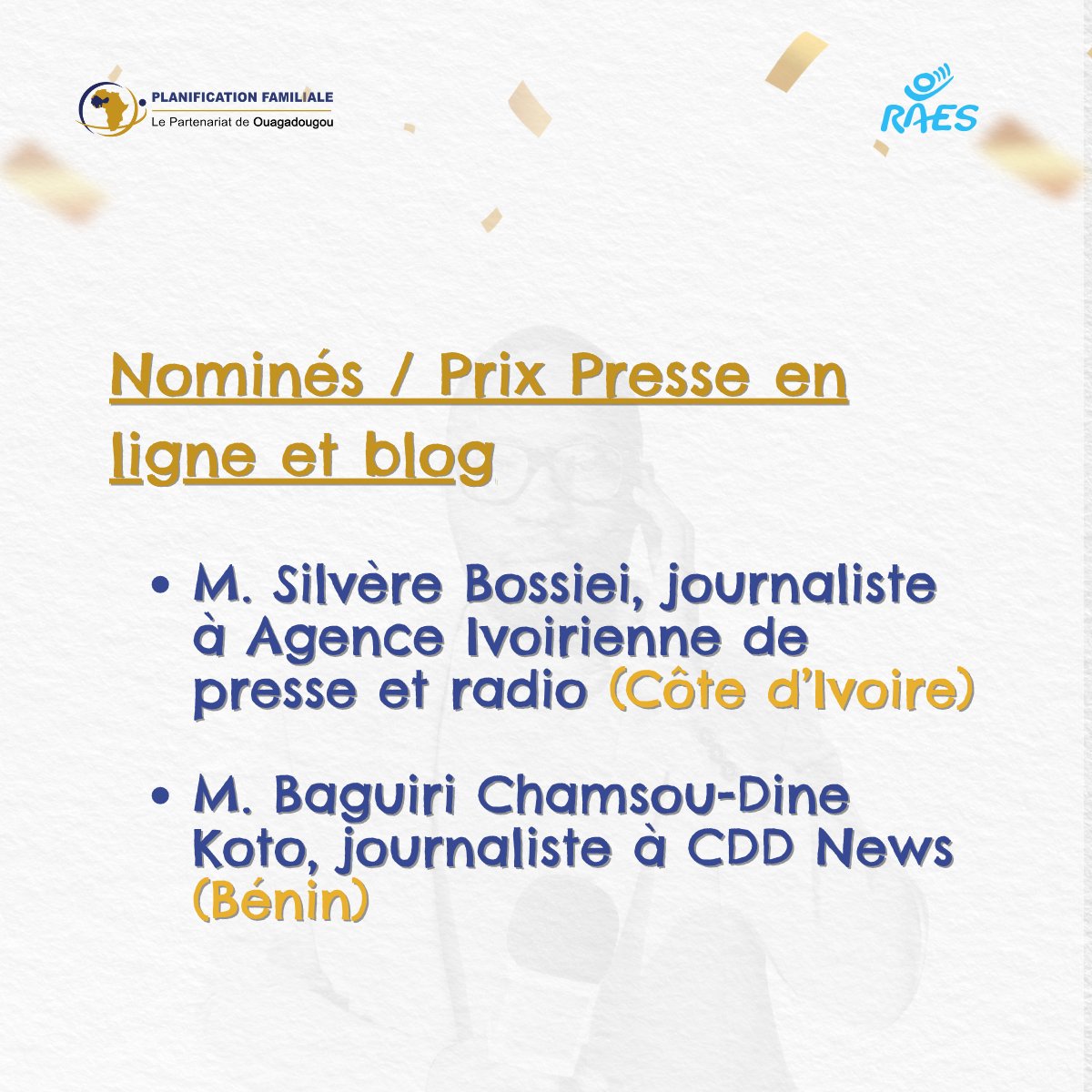 Ils sont enfin connus !
Découvrez les nominés de la 9ᵉ édition du Concours d’excellence en production médiatique !

L’Unité de Coordination du Partenariat de Ouagadougou (#UCPO) et l’ONG RAES (<a href="/ong_raes/">ONG RAES</a>) ont le plaisir d’annoncer les résultats du concours d’excellence en