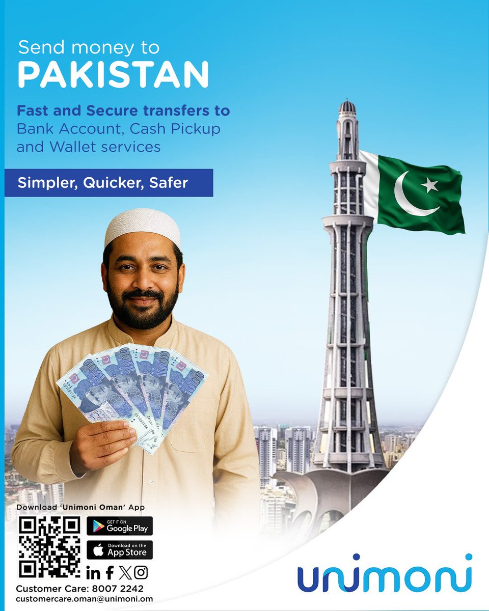 UnimoniOman's tweet photo. Easy Money transfers to Pakistan from Unimoni Omanโs 56 branches and Mobile Application.
#unimoni #unimonioman #unimoniexchange #unimoniapp https://t.co/hbTCiZapb4