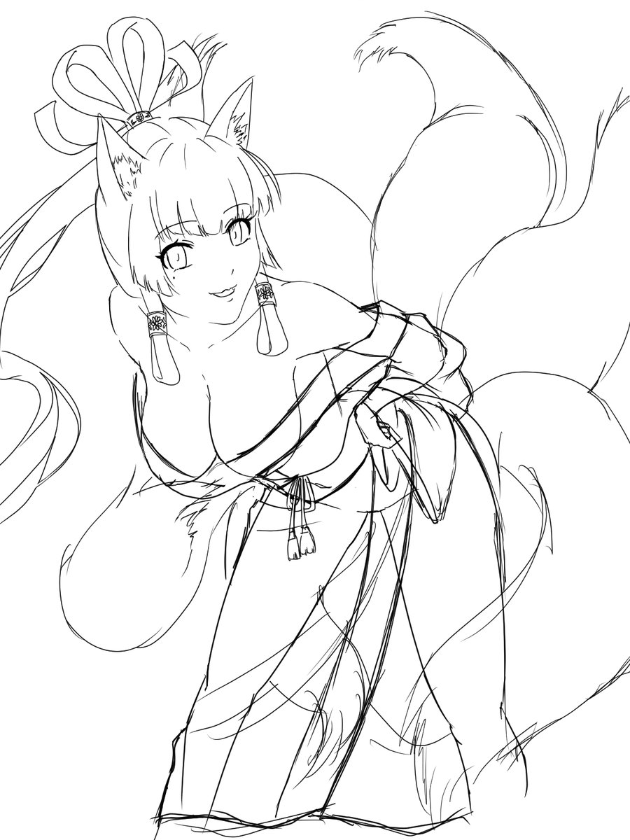 ケモ耳。
着物むずいです。はだけさすから更に難易度が…
＃イラスト ＃WIP