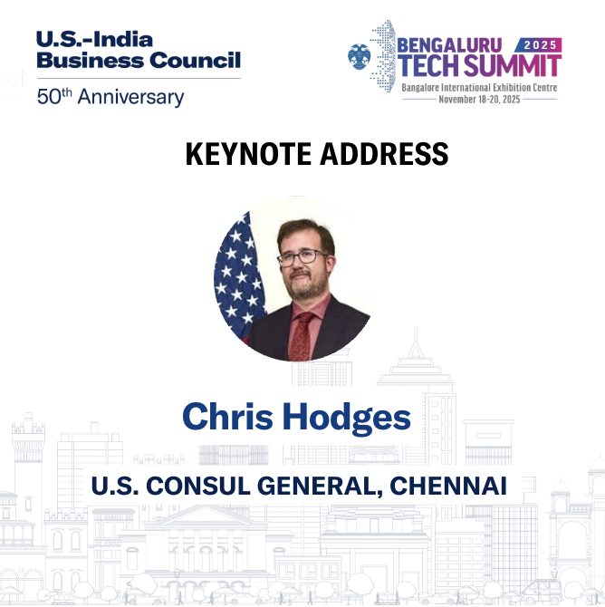 USIBC's tweet photo. 🇮🇳 🇺🇸 U.S. Consul General Chennai Chris Hodges will deliver the keynote address at the opening session of the #IndiaUSTechConclave during #BTS2025, highlighting the growing strength of #USIndia technology partnership.
#BTSFuturise #TechDiplomacy
@Usibc_md @adityakaushik00 @sameerguduru @YaminiJindal
