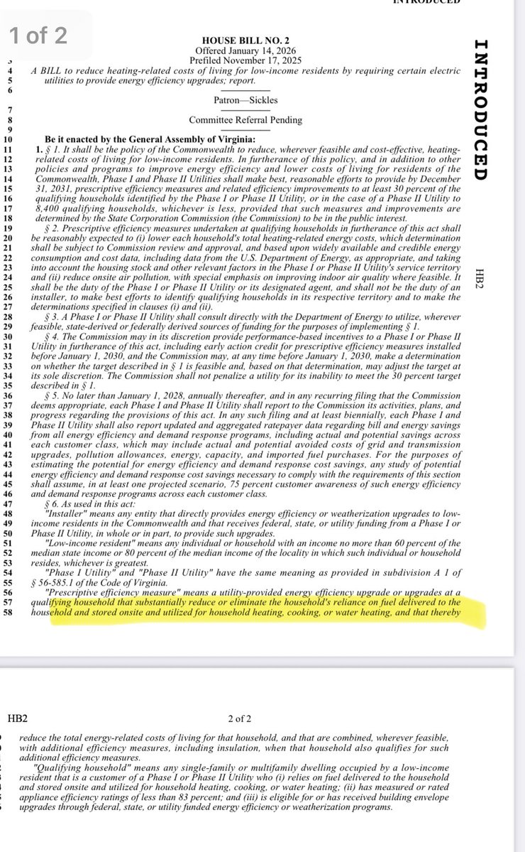 AssocAnderson's tweet image. Democrats in Richmond just dropped HB2 — and folks need to pay attention.

This bill forces our electric utilities into a massive “energy transition” program that’s aimed squarely at moving low-income households off fossil-fuel heating and cooking. The bill requires Dominion and…