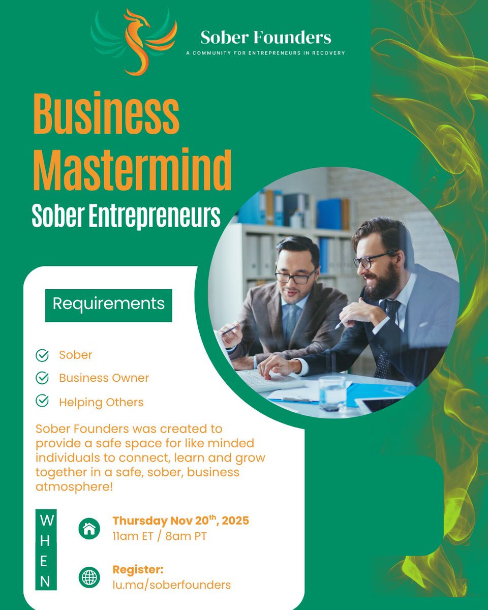soberfounders's tweet image. Are you Sober?  Are you a Business Owner?  if so, then this Business Mastermind was made just for you!  Join us every Thursday at 11am ET
Register Now: lu.ma/soberfounders

#Sober #RecoveryisPossible #BusinessOwner