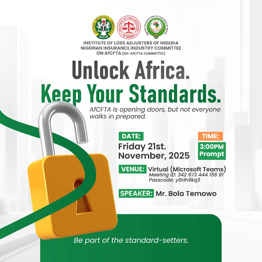Adjuster2025's tweet photo. 🌍 Unlock Africa. Keep Your Standards. ILAN &amp; NII–AfCFTA invite you to a brief session on professional excellence under AfCFTA.
🗓️ 21 Nov 2025 |
⏰ 3 PM |
💻 Teams 
🎤 Bola Temowo
ID: 342 973 444 156 81 
Passcode: y6H9hkq3
#AfCFTA #ILAN #InsuranceNigeria https://t.co/SZvWDZlwB5