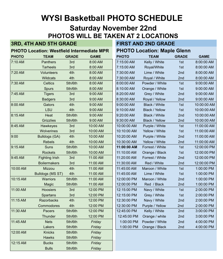 Please plan ahead for Picture Day this Saturday 🏀📸

Boys Basketball will be split between two locations. Check the photo schedule below provided by Tenth Street Photography