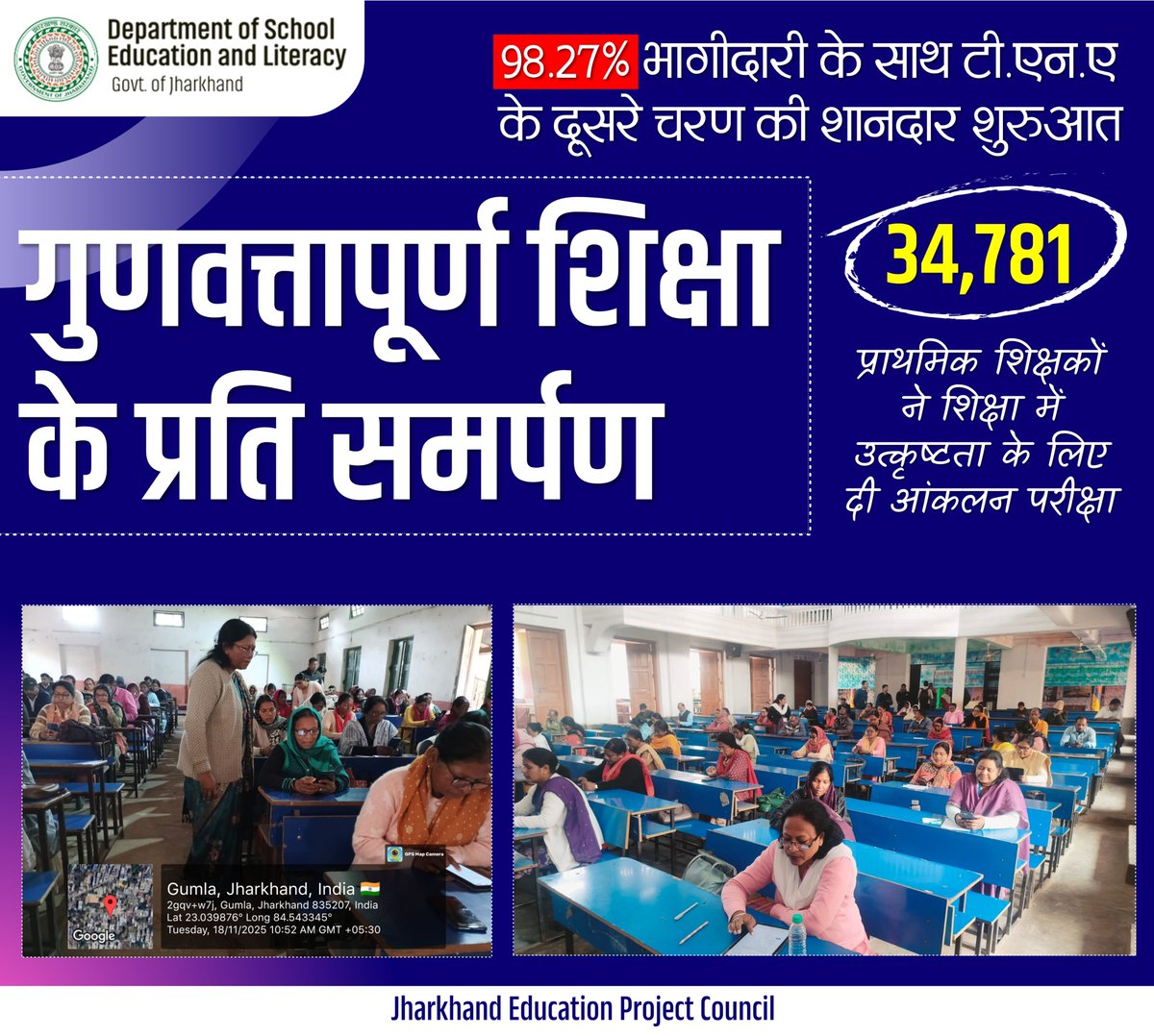 JepcJharkhand's tweet image. राज्य के सरकारी विद्यालयों के शिक्षकों के सतत क्षमता विकास और प्रशिक्षण की जरूरतों को समझने के लिए आयोजित टीचर नीड असेसमेंट (TNA) के द्वितीय चरण की शुरुआत आज सफलतापूर्वक हुई। पहले ही दिन राज्य के 63 प्रखंडों में आयोजित मूल्यांकन परीक्षा में दोनों पालियों में 98% से अधिक शिक्षकों…