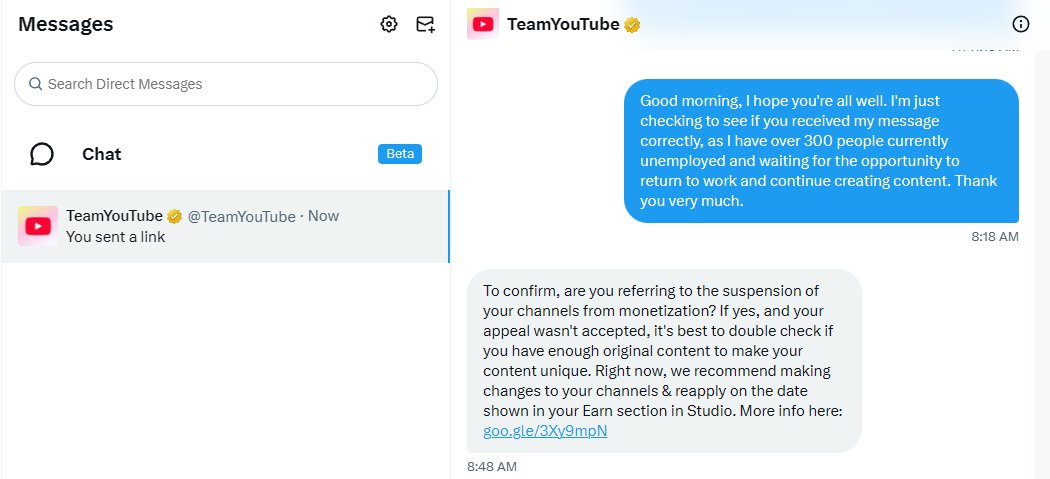 RubnCuadra28003's tweet photo. @YouTube @TeamYouTube
We still have no real answer.

After sending all our channels and explaining that 300+ people lost their jobs, we received another automated message. We feel invisible.

We just need one human review.
One real explanation.
Please… don���t let our studio die https://t.co/ZBukVQd9tK
