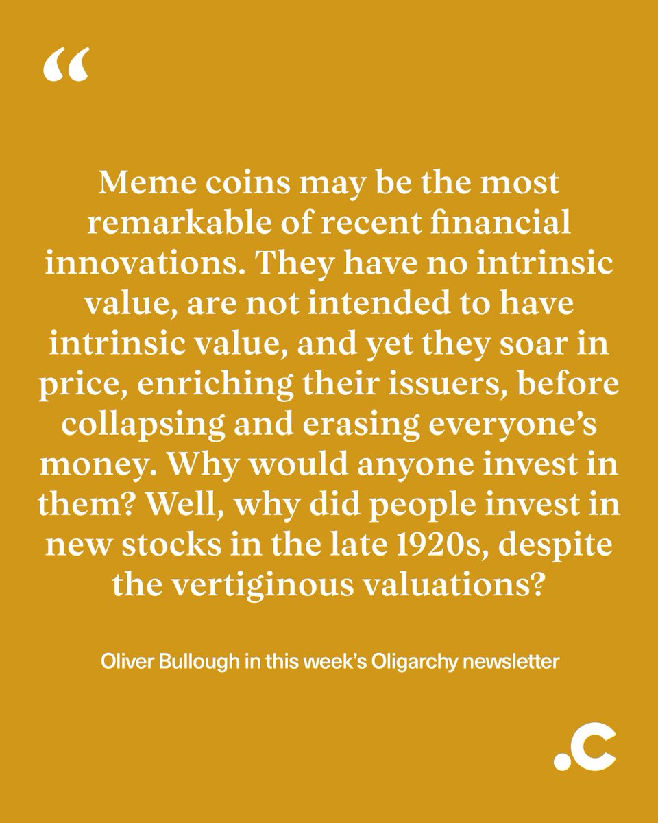 CodaStory's tweet image. In Oliver Bullough’s Oligarchy this week: Meme coins have no intrinsic value, aren’t intended to have intrinsic value and yet they soar in price. Are we heading towards 1929-style financial ruin? Also: Drug money and Chinese laundries. Sign up here: buff.ly/nSG0KAw