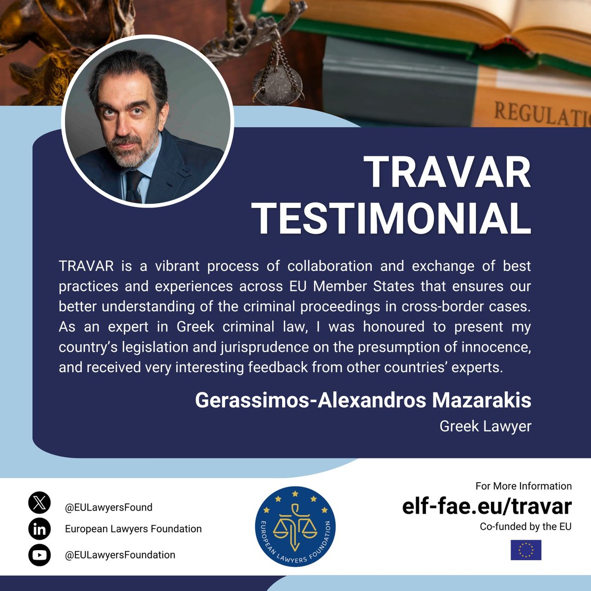 EULawyersFound's tweet image. #TRAVAR Testimonials | Gerassimos-Alexandros Mazarakis participated as a speaker in the Madrid seminar on EU criminal law, where he presented Greece's legislation on the presumption of innocence, as influenced by EU law. Here is his input about the added value of the project!