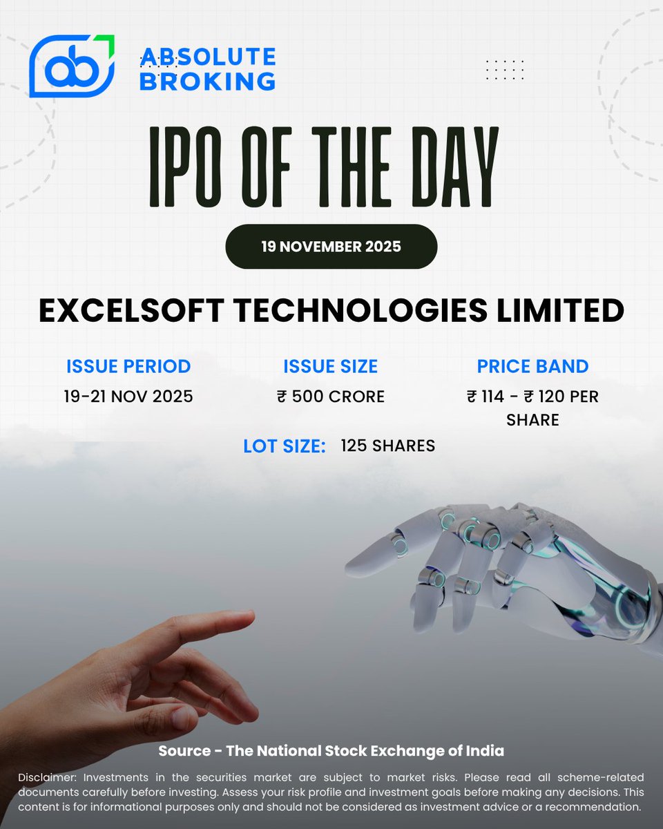 BrokingLtd59162's tweet image. ✨ New IPO Alert: Excelsoft Technologies Limited! The issue opens tomorrow, Nov 19-21. With a ₹500 Cr issue size and a price band of ₹114-120, are you planning!
#IPOoftheDay #ExcelsoftTechnologies #IPONews #NewListing #InvestmentOpportunity #StockMarketIndia #AbsoluteBroking