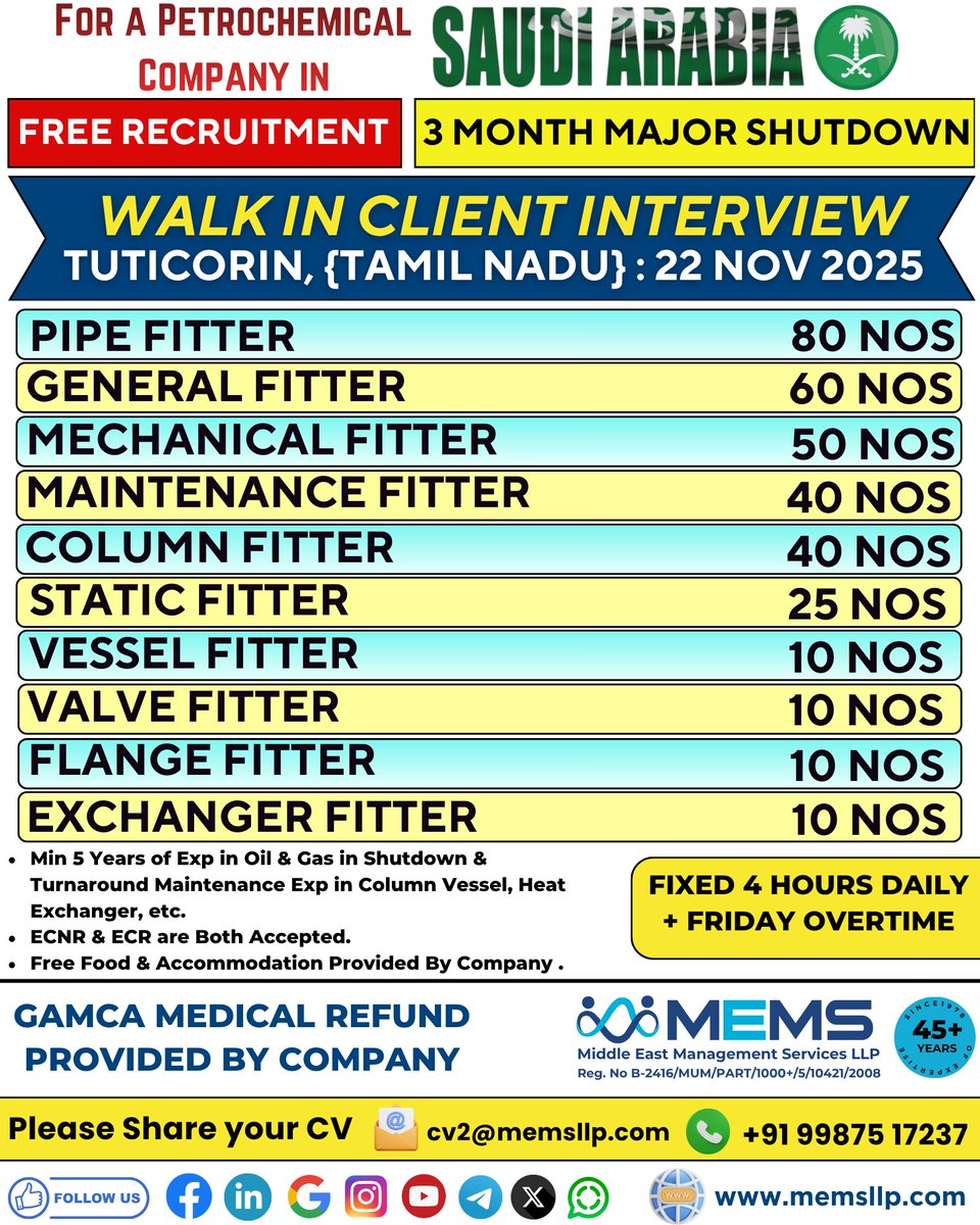 MEMS_Gulf_Jobs's tweet image. We are hiring for a Petrochemical Company in Saudi Arabia

📧Apply now: cv2@memsllp.com
📲Contact Us :+91 99875 17237
🌐Website : memsllp.com

#MEMS #saudijobs #shutdownjobs #tuticorininterview #oilandgasjobs #gulfhiring
