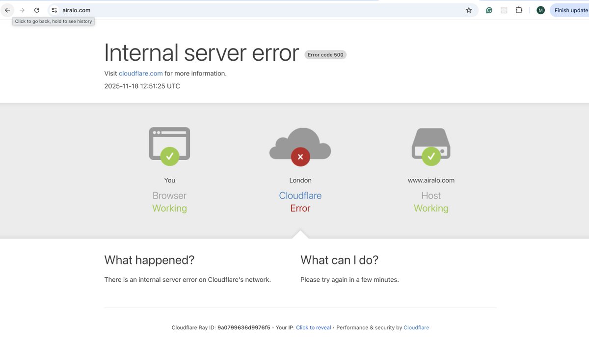 keeponroaming's tweet photo. When your competitor is down… but you’re still roaming free 

Looks like some travellers woke up today to an unexpected detour courtesy of a Cloudflare meltdown.
Meanwhile… Keep On Roaming users?
Still exploring. Still connected. Still living their best WiFi-free lives.

🌍 Keep On Roaming:
✔️ Website up
✔️ eSIMs working
✔️ Zero drama
✔️ Seamless connectivity wherever you go

😬 Competitor:
🛑 Error 500
🛑 Cloudflare crisis
🛑 “Please try again in a few minutes…”

Travel is chaotic enough. Your connectivity shouldn’t be.

#esim #travel #airalo #keeponroaming