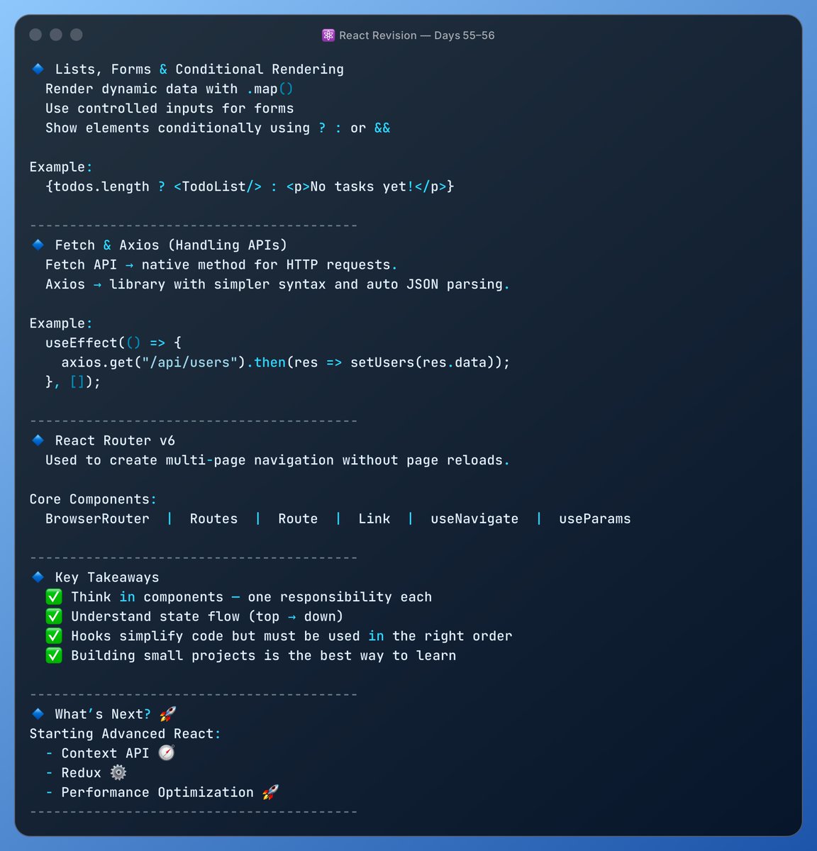 guriii3108's tweet image. Days 55–56 of my #100DaysOfWebDevelopment  Learning 🚀

Just revisited everything from components → hooks → router → API handling.

Next up ➡️ Context API &amp;amp; Redux 🔥

#100DaysOfCode #ReactJS #WebDev #Frontend #CodingJourney