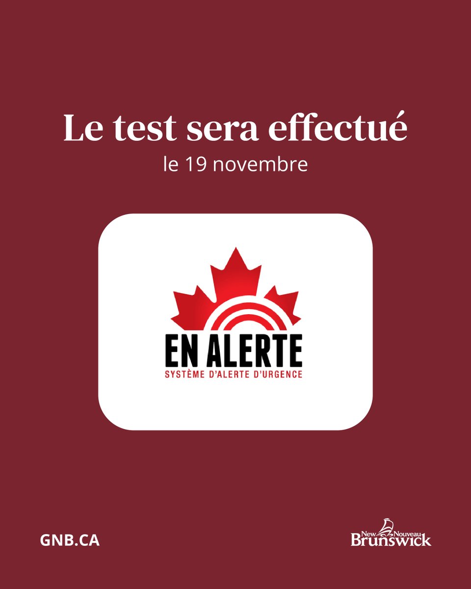 En Alerte, le système national d’alerte d’urgence, procédera à un test au Nouveau-Brunswick le 19 novembre, à 10 h 55.
Ce système est conçu pour fournir des informations potentiellement vitales.
Ce test se fera à la télévision, à la radio et sur les appareils sans fil.
Pour en