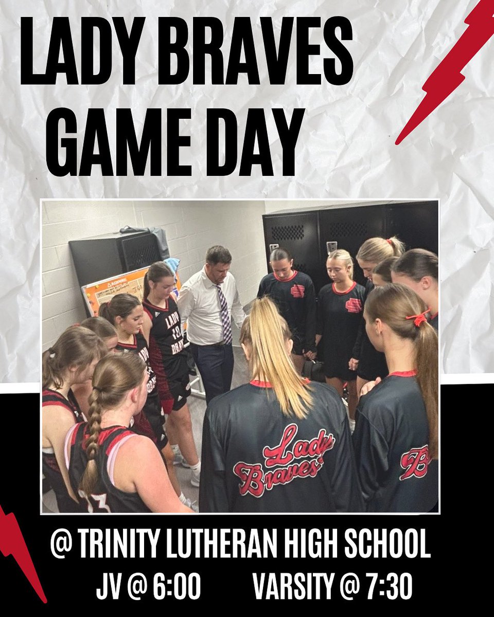 GAMEDAY! The Lady Braves travel to Trinity Lutheran High School tonight to take on the Lady Cougars. 
JV tip off at 6:00 with varsity to follow.