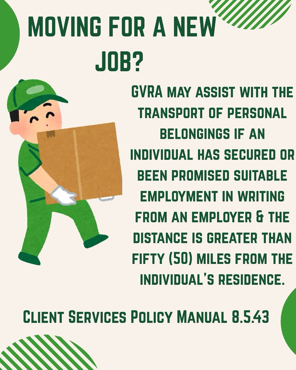 📦 Moving for a New Job? GVRA may assist with the transport of personal belongings when an individual has secured or been promised suitable employment in writing from an employer. The new job must be more than 50 miles from your current residence.

#vocationalrehabilitation