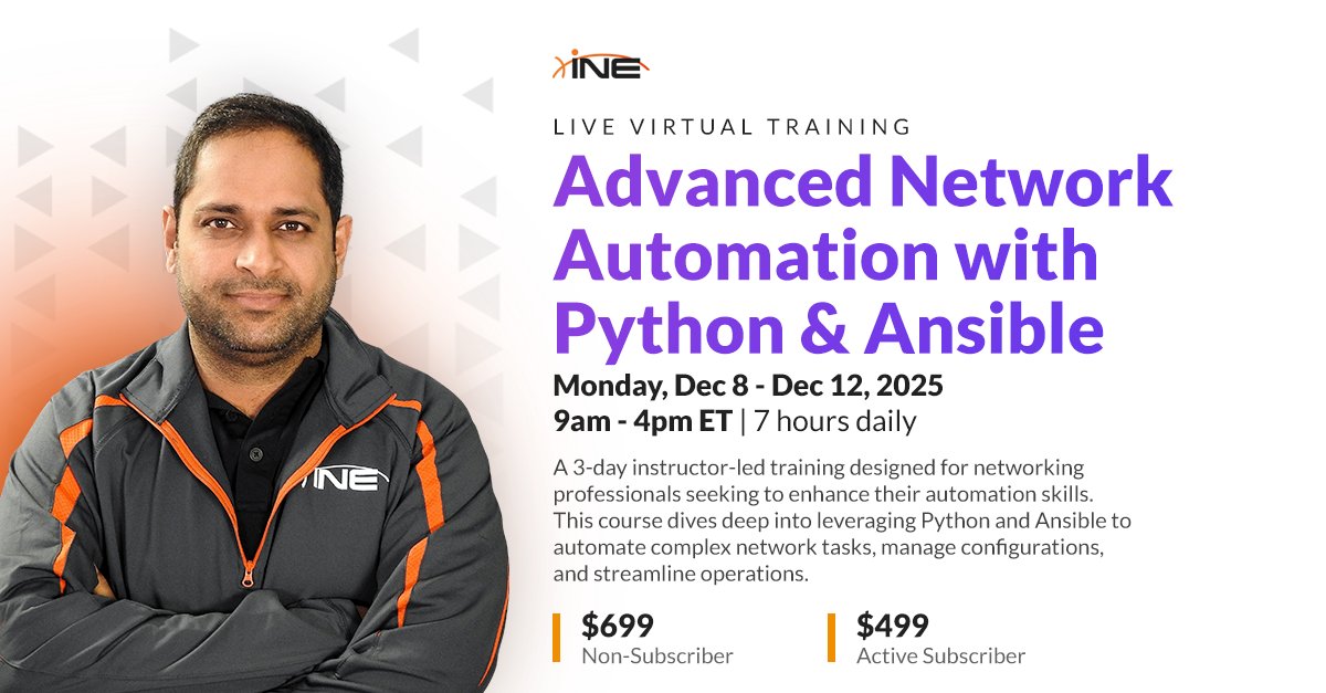 SecurityTube's tweet image. 🐍 Master network automation! Join our 3-day training in Python &amp;amp; Ansible for network pros. Learn to script, build playbooks, and create automation workflows with hands-on labs. Basic Python &amp;amp; networking required. Level up #NetOps skills! bit.ly/4qZ3aok #Python #Ansible