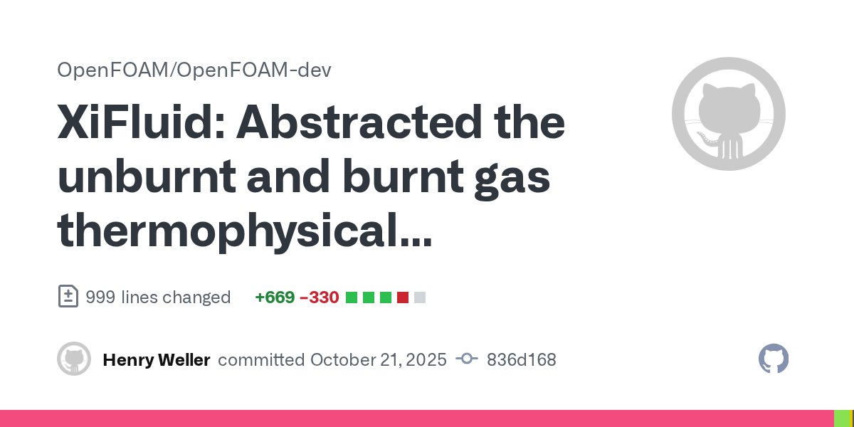 CFDdirect's tweet image. In XiFluid, the unburnt and burnt gas thermal and specie transport is now handled by the phase system used for the multiphaseEuler solver, enabling a broad selection of transport models in #OpenFOAM-dev github.com/OpenFOAM/OpenF…
