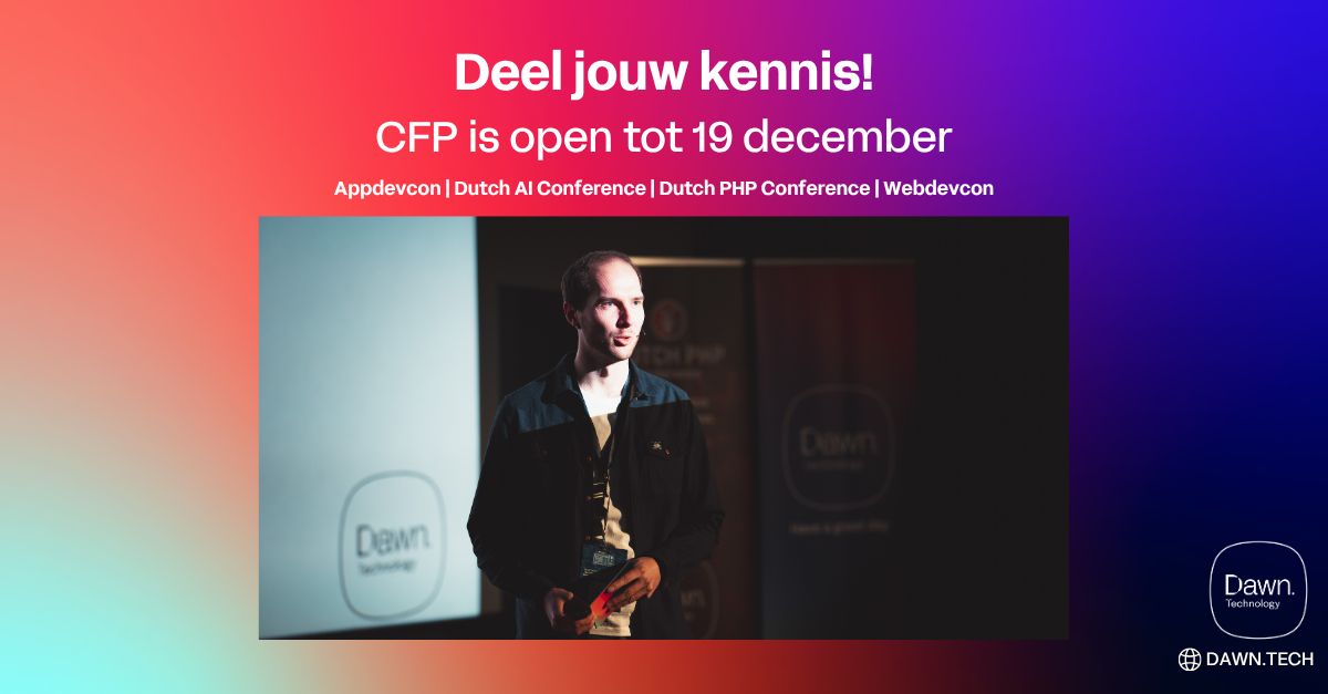 dawntechNL's tweet image. 🎤 De Call for Papers sluit op 19 december!

Dien je sessie in voor @appdevcon, @webdevconNL of @dpcon 👉 sessionize.com/adc-dpc-wdc-20…

Of voor de nieuwe @dutchaicon 👉 sessionize.com/dac-2026/

#dawntechnology #cfp #developers #conference #ai