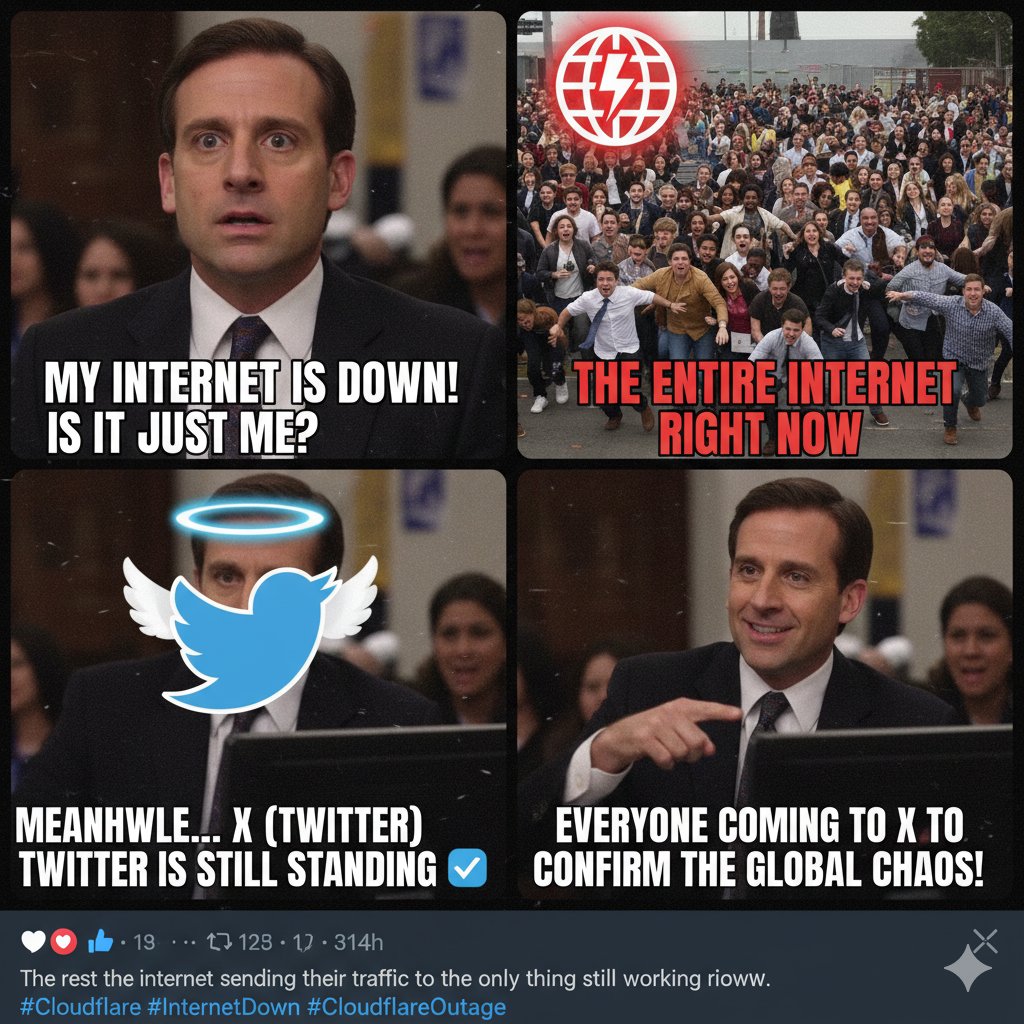 THOMASSHEL373's tweet image. Me coming to X, which is somehow still up, to confirm that yes, the entire internet is currently being held together by duct tape and an intern named Kevin at Cloudflare . 😭

 #InternetDown #Cloudflare #Error500