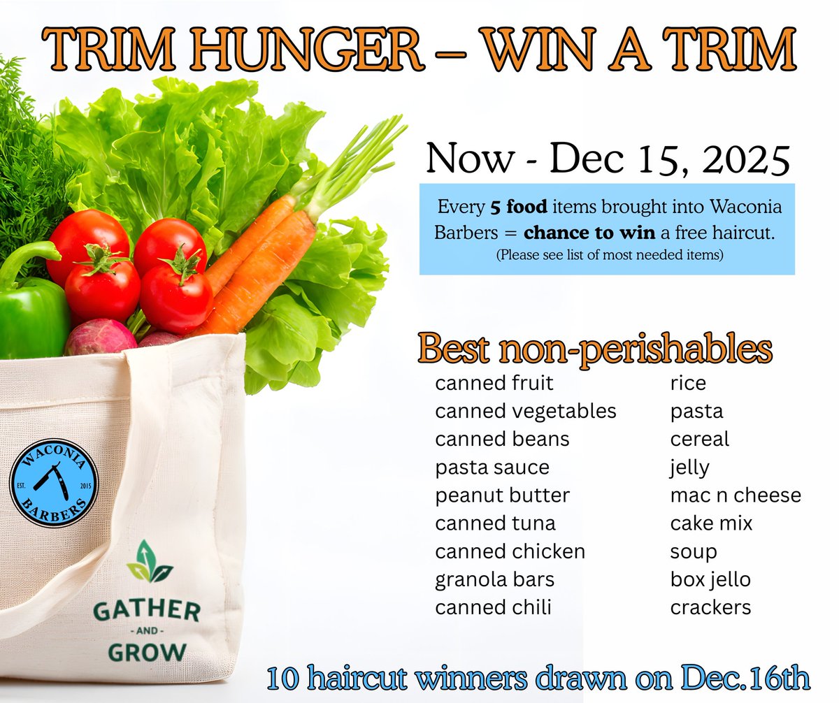 We're still collecting Gather and Grow Food Shelf donations! You could win free haircuts! Here's a list on recommended donations.  Also, we still have openings this week to get in before Thanksgiving! Book now at waconiabarbers.com!