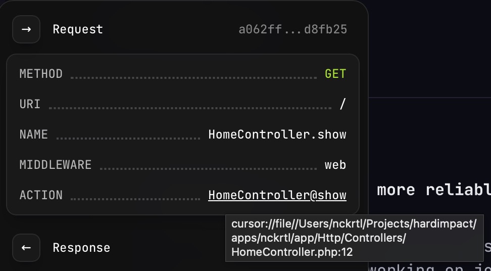 nckrtl's tweet image. Ordered list of applied middleware, perfectly possible. Drilldown of time spent on each middleware might be possible if there is something I can hook into.

Controller used + method is also known. What happens in the controller is a black box. But I do know time spent on queries.