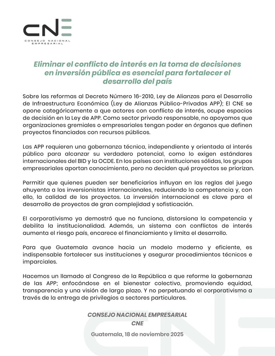 _CNEgt's tweet image. Ante la iniciativa 6433, que reforma la Ley de Alianzas Público-Privadas (Decreto 16-2010), esperamos que el pleno del @CongresoGuate elimine el conflicto de interés en la toma de decisiones para inversiones con fondos públicos.

🔎 Alertamos a la población a estar atenta.