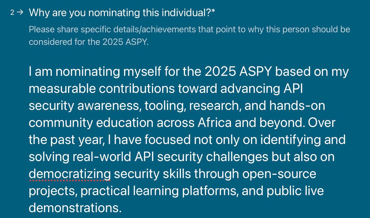 commando_skiipz's tweet image. I know this may feel a little unusual, but I chose to do it anyway.

The nomination form for API Security Person of the Year (ASPY) by @apisecu is officially open, and I have taken the bold step to nominate myself.

I believe my work this year has made meaningful contributions to…