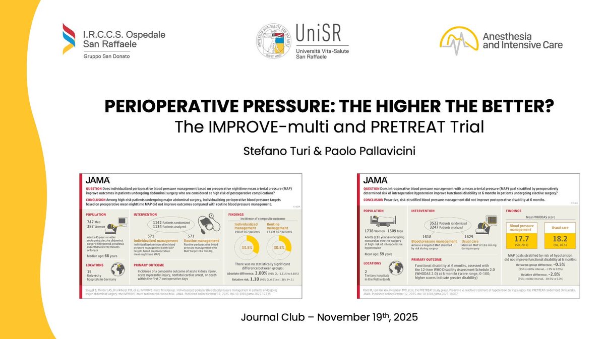 Journal Club tomorrow - 7am (IT time)

We’ll dive into the IMPROVE-multi and PRETREAT trials, exploring whether higher MAP targets really improve outcomes in non-cardiac surgeries.

🩺🔍 Are we just squeezing harder for nothing?

Link: teams.microsoft.com/l/meetup-join/…