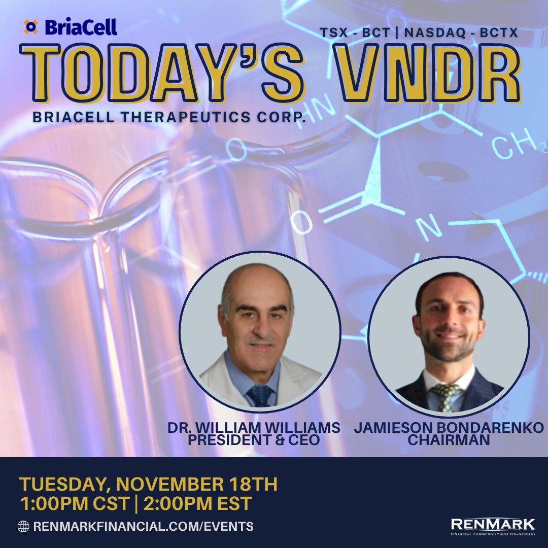 🎙️ Catch <a href="/BriaCell/">BriaCell Therapeutics Corp.</a> Therapeutics LIVE today for its Virtual Non-Deal Roadshow, hosted by Renmark!

Hear the latest on its novel immunotherapies for advanced breast cancer.

🔗 ow.ly/JCe850XktXQ

#BriaCell #Immunotherapy #Biotech #CancerResearch
