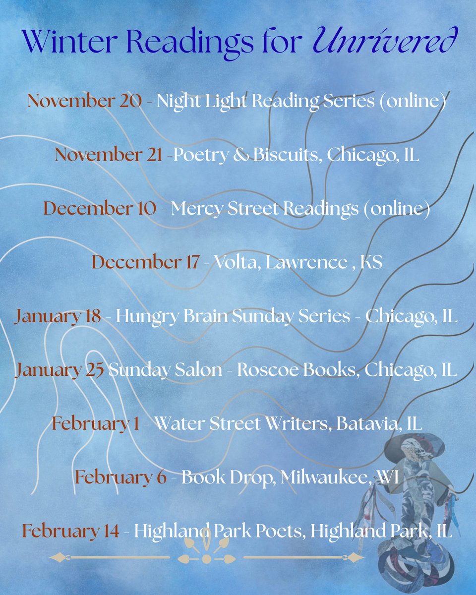 SundressPub's tweet photo. Check out these upcoming winter readings for Donna Vorreyer's collection Unrivered! #sundresspublications #poetry #poetryreadings #poetryevents https://t.co/MJjfkT2YbK