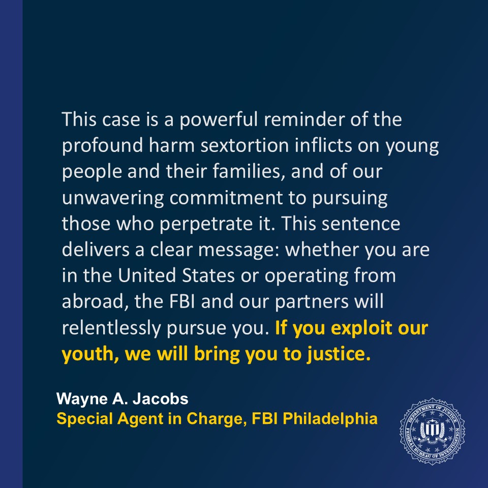 FBI's tweet image. Nigerian Man Sentenced to Prison for Cyberstalking and Other Charges Related to the Sexual Extortion and Death of a Young Man

Imoleayo Samuel Aina, also known as “Alice Dave,” was sentenced to 72 months in prison, five years of supervised release, and $3,250 in restitution for…