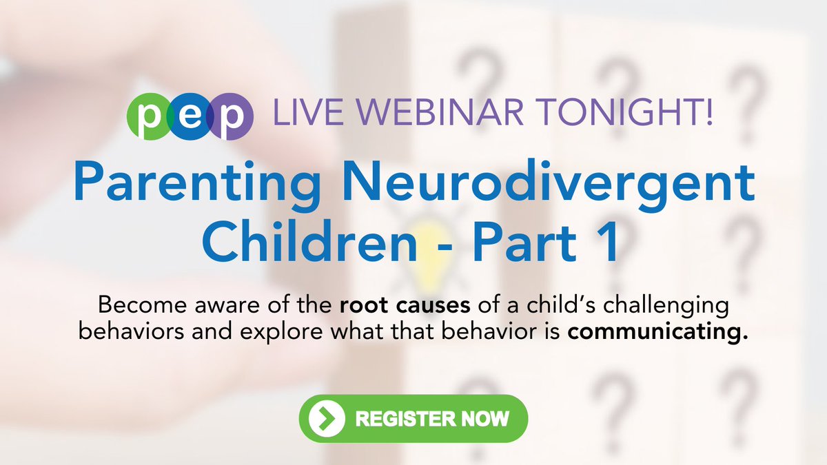 LIVE WEBINAR TONIGHT!

Join us for Part 1: Understanding Behavior of our Parenting Neurodivergent Children series.

🕗 8–9 PM ET
💻 Learn to uncover what your child’s behavior is communicating — and how awareness can transform your responses.

pepparentonline.org/p/parenting-ne…